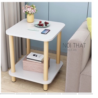 Tab đầu giường - Bàn trà vuông - Kệ decor 2 tầng chân gỗ tự nhiên phong cách hiện đại
