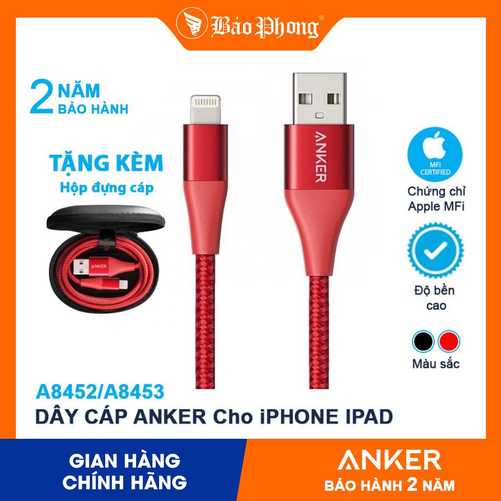 Cáp iPhone dây dù ANKER A8452 / A8453 Powerline + II Lightning Cho iPhone 12 11 Pro max 6 7 8 plus X XS XR mini MFI