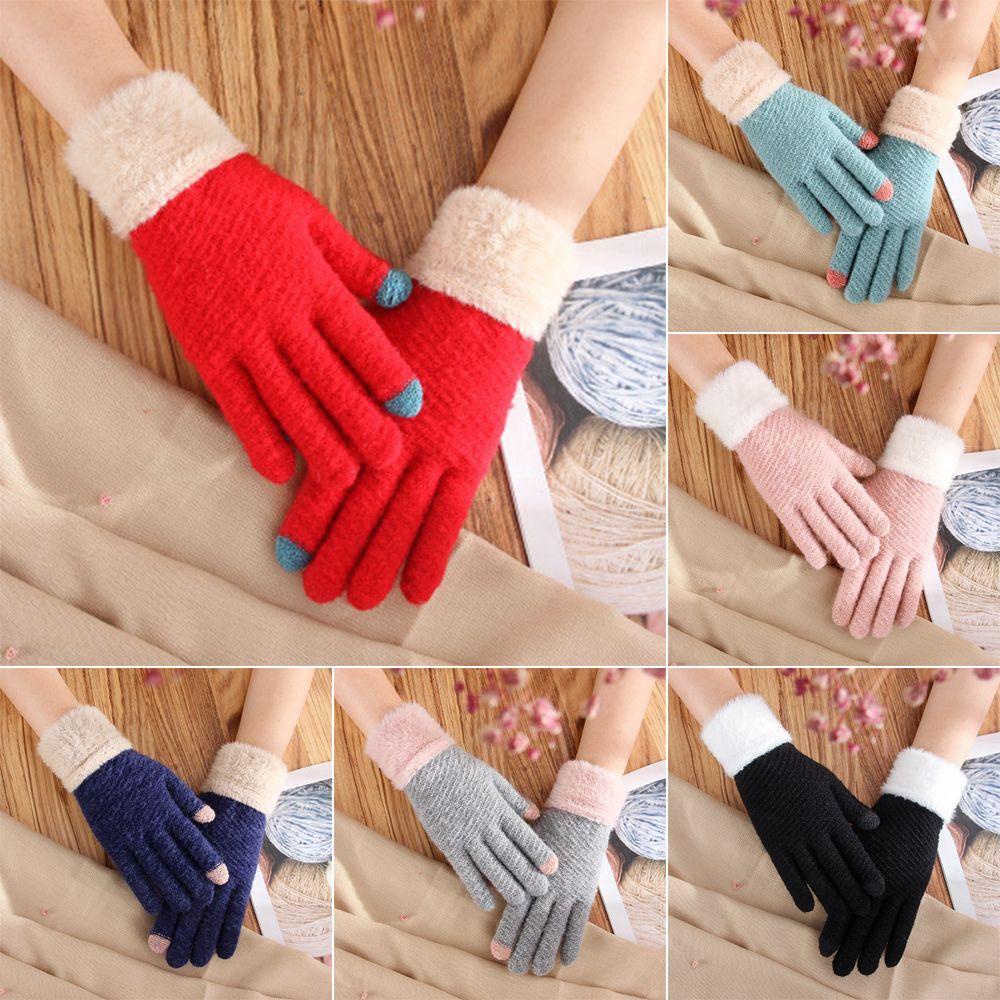 Găng Tay Dệt Kim Phối Lông Mềm Mại Kiểu Hoạt Hình Dễ Thương Thời Trang Mùa Đông