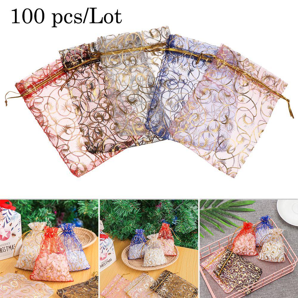 Set 100 Túi Lưới Đựng Trang Sức In Họa Tiết Trái Tim Lấp Lánh