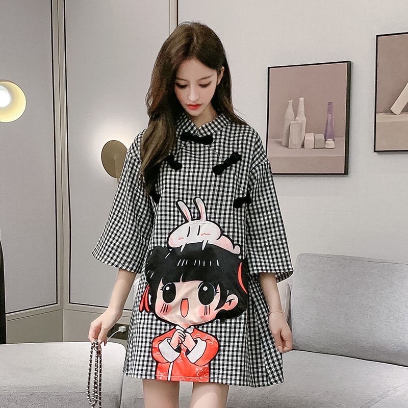 Sườn Xám Caro Hoạt Hình Dáng Suông Rộng | BigBuy360 - bigbuy360.vn