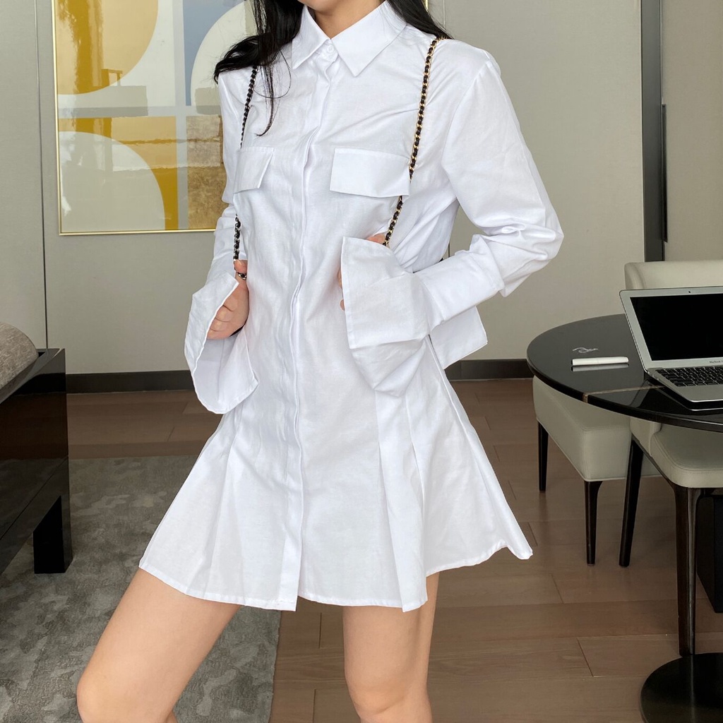 Váy trắng sơ mi thiết kế xếp li cổ nhọn thời trang Becky