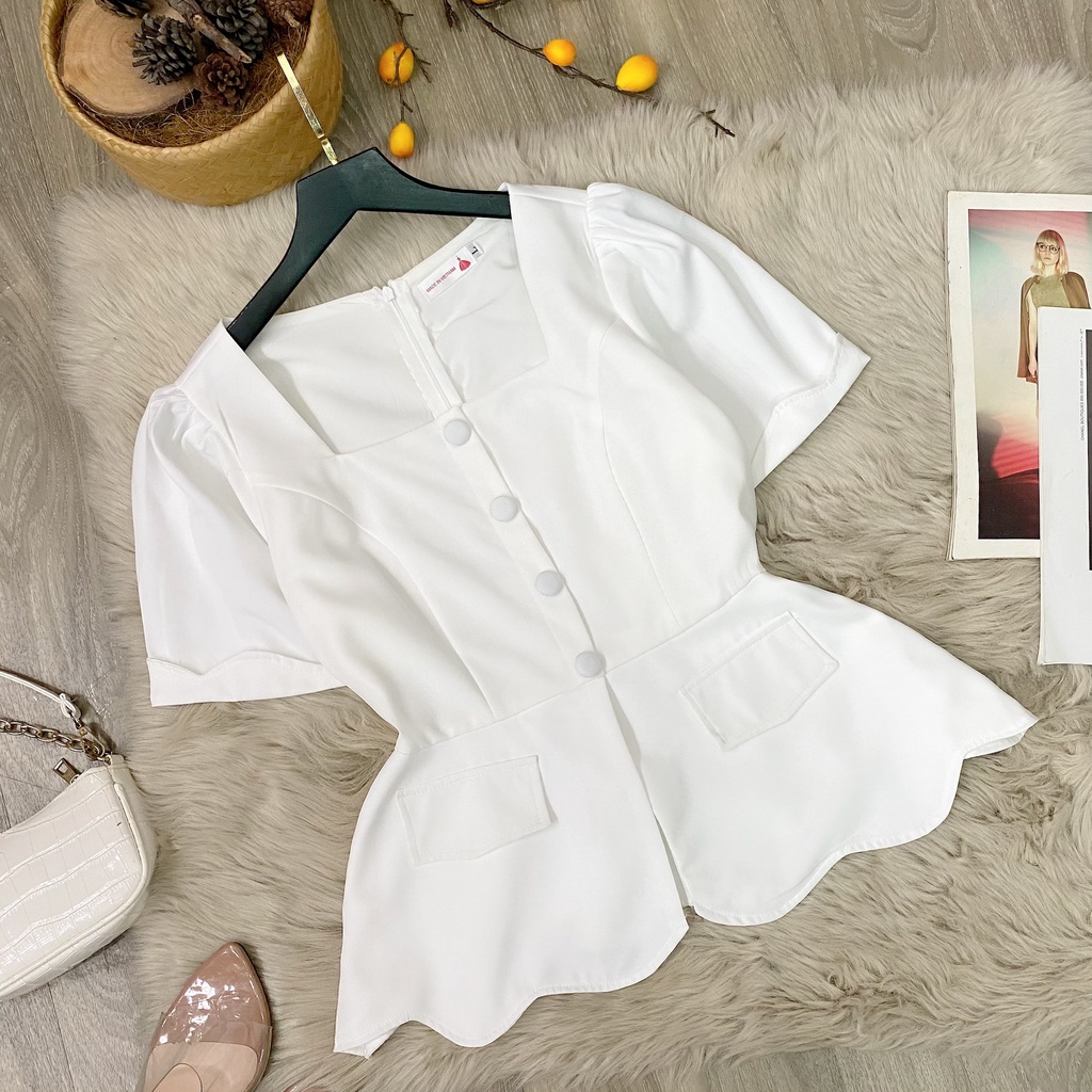 ÁO KIỂU 2 LỚP PEPLUM CỔ VUÔNG TAY PHỒNG NÚT BỌC CAO CẤP BIGSIZE 50.90KG