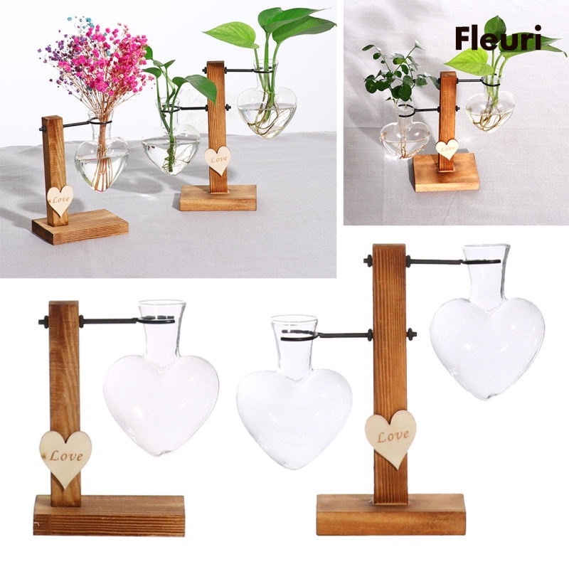Chậu hoa thủy tinh để bàn kèm giá đỡ bằng gỗ
