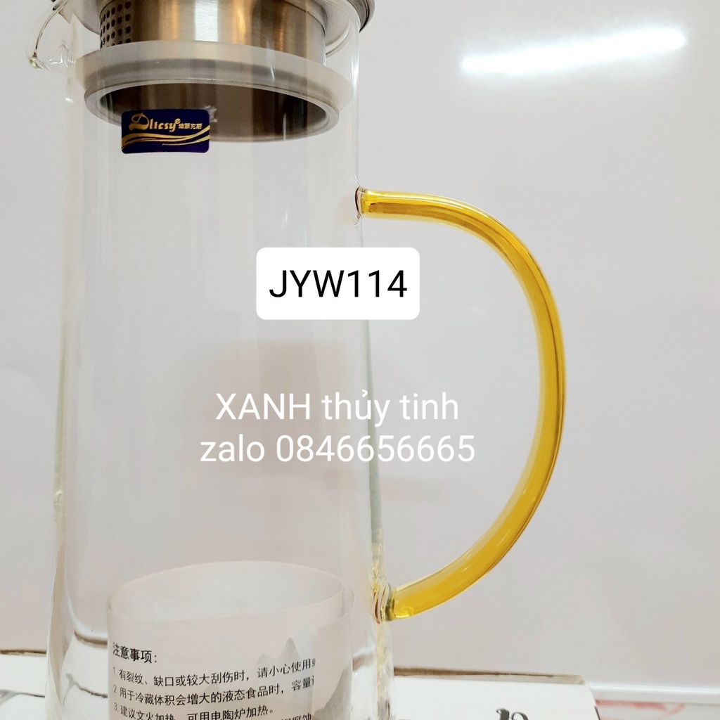 Bình thủy tinh quai vàng, nắp inox 1400ml - mã JYW114