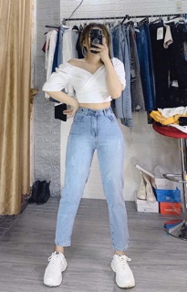 Áo kiểu croptop đắp chéo tay phồng