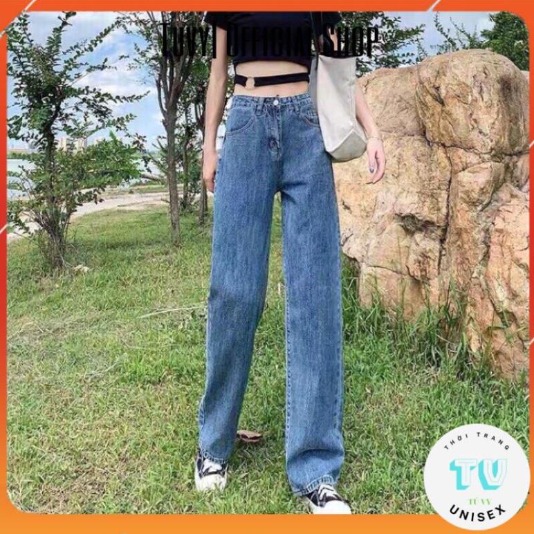 Quần jean bò ống rộng suông xuông nữ jeans cạp cao phong cách Hàn Quốc sành điệu style năm 2021