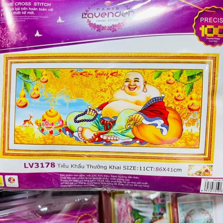 Tranh thêu phật di lạc KT:86x41cm.Tranh chưa thêu.Tặng kéo và xỏ chỉ.