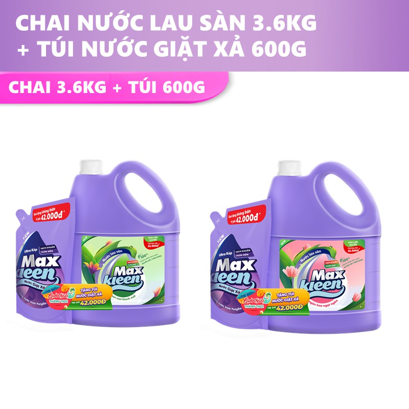 Chai Nước Lau Sàn MaxKleen 3.6kg + Túi Nước Giặt xả 600g Hoa Huyền Diệu