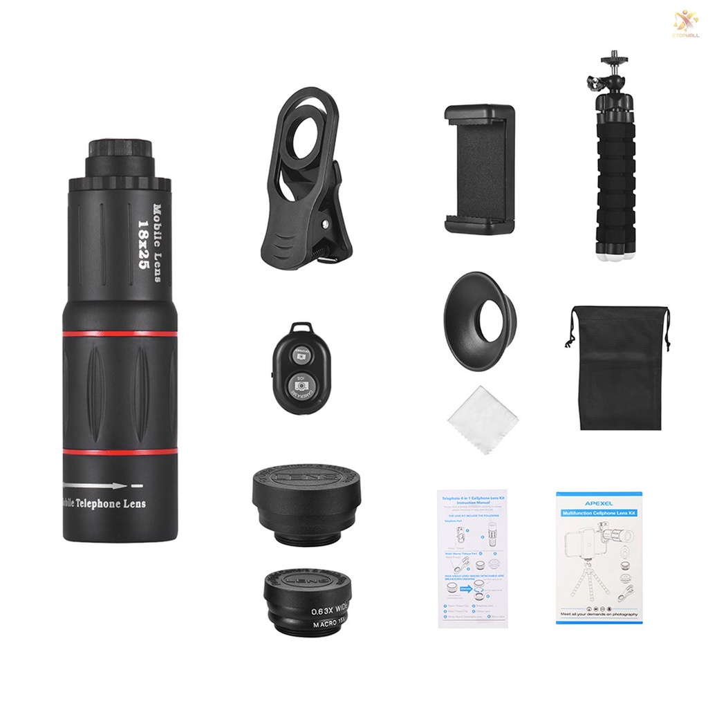 ET APEXEL APL-T18XBZJ5 Telephoto 4 in 1 Cellphone Lens Universal Kit 18X Mobile Phone Telephoto Lens 198° Fisheye Lens 0.63X Wide Angle 15X Macro Lens with Remote Shutter Mini Tripod Phone Holder for     Most Smartphones