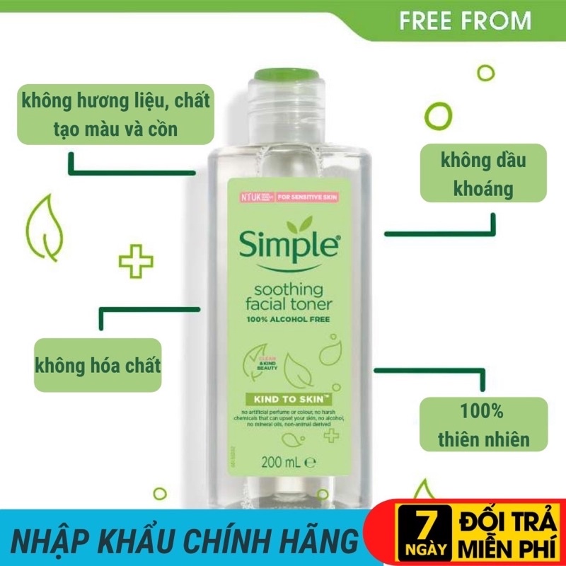 Toner Simple Kind To Skin Smothing Facial, Nước Hoa Hồng Simple, Nước Cân Bằng Da Dịu Nhẹ 200ml