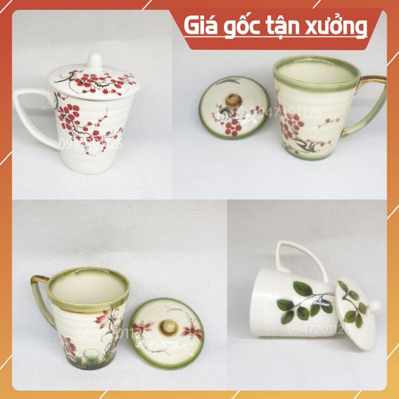 CỐC LY SỨ CÓ NẮP DUNG TÍCH 250ML - VẼ HOA VĂN SIÊU ĐẸP - NHIỀU MẪU LỰA CHỌN - GỐM SỨ BÁT TRÀNG CAO CẤP