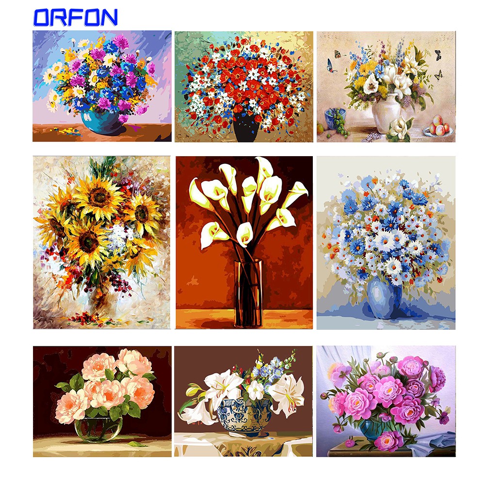 Bộ tranh sơn dầu 40x50cm tự làm họa tiết hoa sang trọng dùng để trang trí nhà tiện dụng + phụ kiện