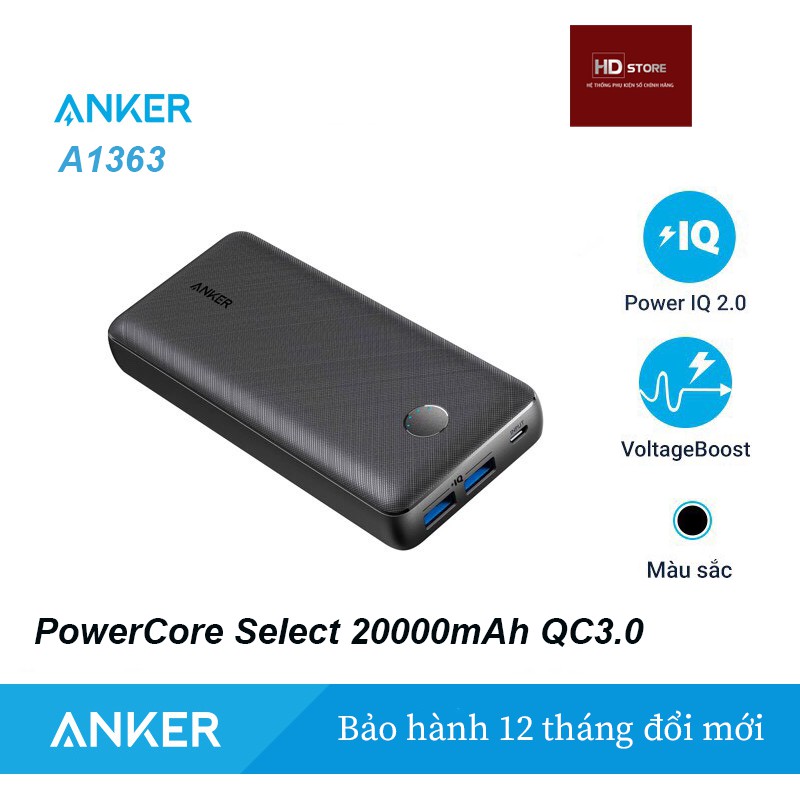 Pin dự phòng Anker PowerCore Select 20000mAh IQ Hỗ trợ Quick Charge 3.0 - Mã A1363