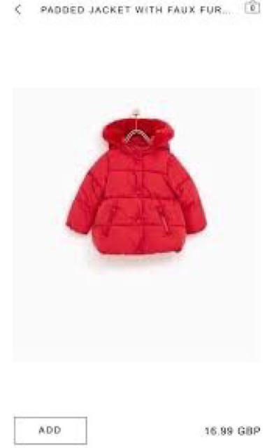 Áo khoác phao Zara mũ lông bé gái/bé trai