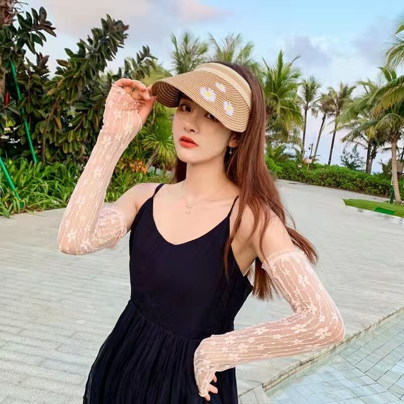 Găng Tay Lưới Ren Hoa Siêu Mỏng Co Giãn Chống Nắng Tia UV Màu Đen Thời Trang Mùa Hè Cho Nữ