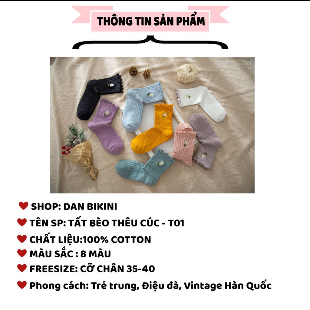 Tất Nữ ❤️FREESHIP❤️ Tất Nữ Cổ Cao Thêu Hoa Cúc Phong Cách Vintage Hàn Quốc ❤️ Tất Cổ Cao cotton len tăm Mẫu T01