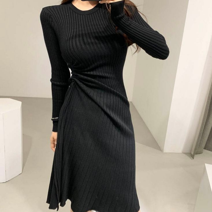 Đầm dệt kim ôm eo xếp li dài tay phối dây rút phong cách Hàn Quốc thanh lịch