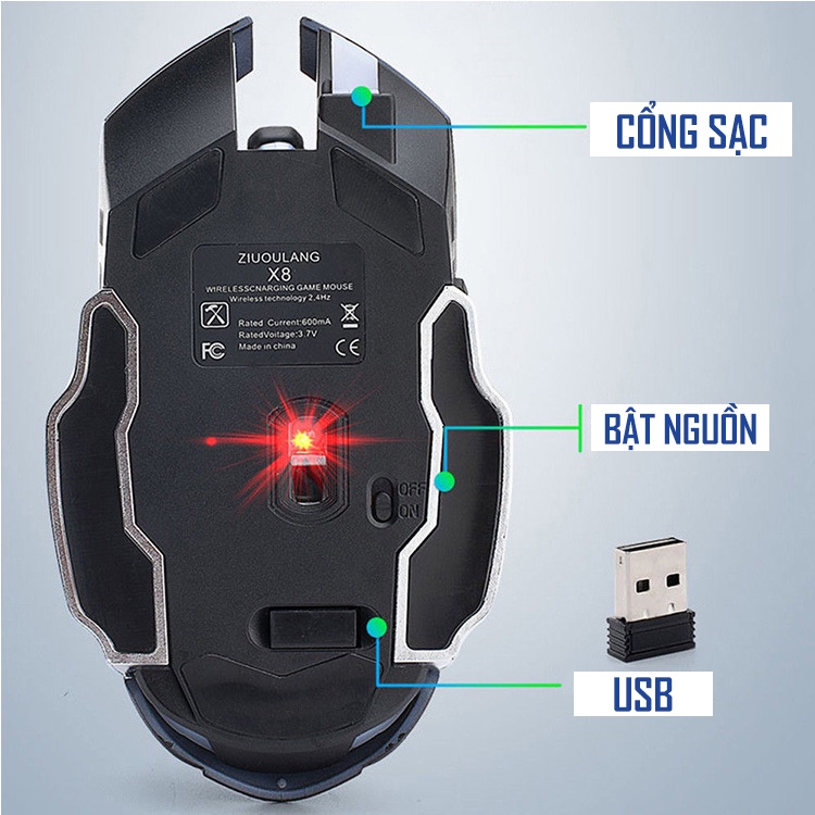 Chuột gaming không dây, chuột máy tính pin sạc FREEWOLF X8 âm thanh chống ồn đèn LED nhiều màu cho game thủ văn phòng