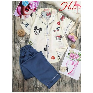 Đồ ngủ pijama lụa satin phối mickey