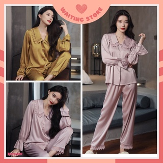 Đồ bộ nữ - đồ mặc nhà dài vải lụa cao cấp màu hồng và vàng phối ren, tay bèo ddlp12