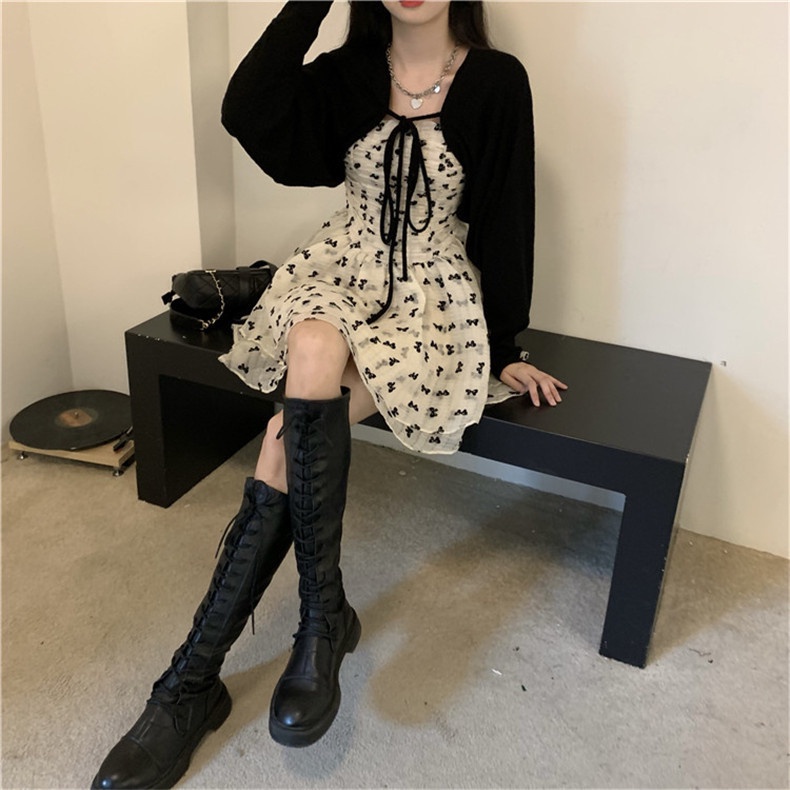 Set trang phục ZHELIHANGFEI đầm hai dây họa tiết hoa và áo khoác cardigan dệt kim dáng ngắn thời trang cho nữ
