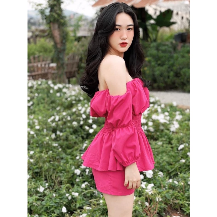 Set áo trễ vai chun eo tay bồng quần short đùi hồng sen xanh cốm siêu hot đồ bộ nữ tiểu thư xinh xắn BN250