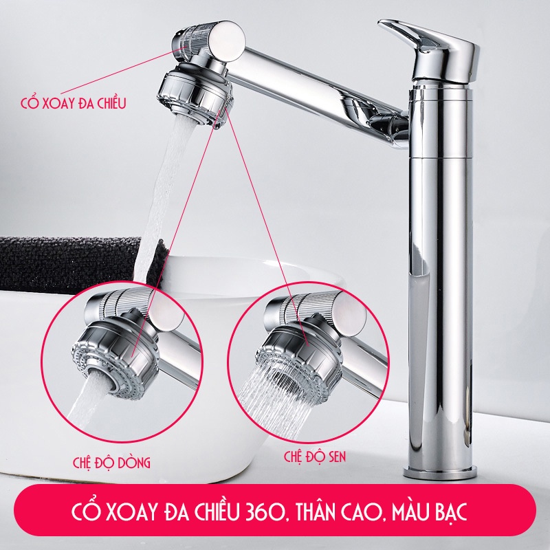 Vòi rửa mặt Lavabo xoay 720 độ gật gù, thân cao, Crom, điều chỉnh nước Minh House