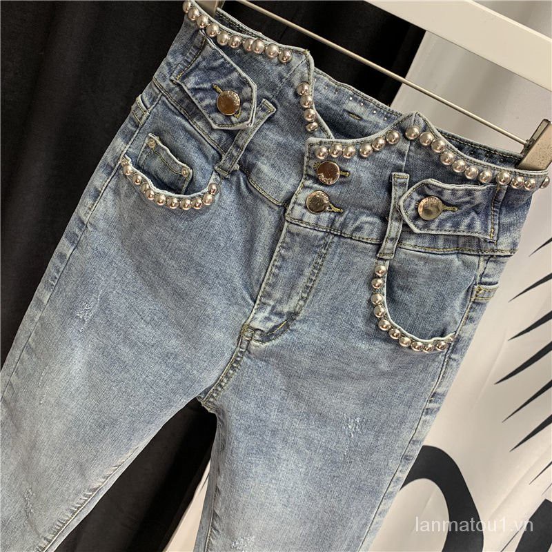 European Station Summer Thin2021New High Waist Beaded Harem Cropped Jeans Women's Slim Fit Korean Style Skinny Fashion