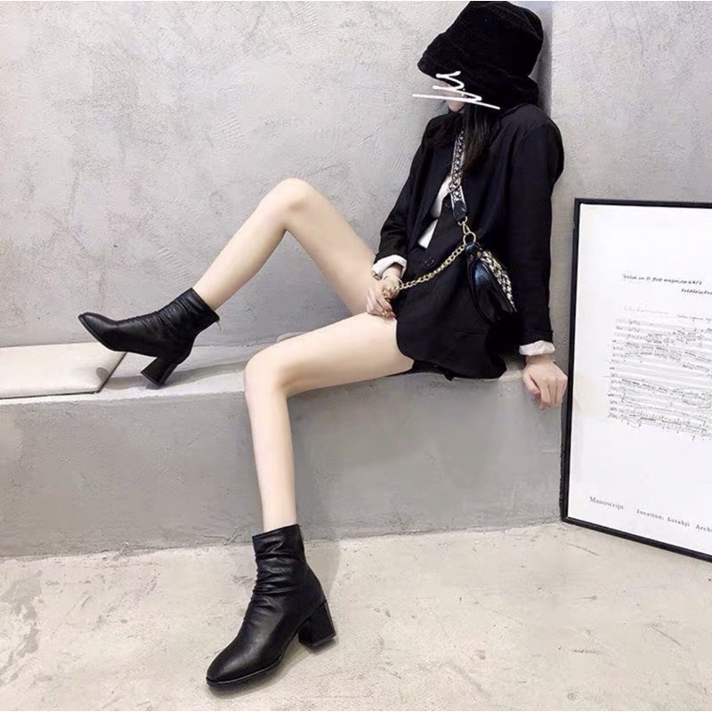 Bốt nữ, boots nhăn gót vuông chất da mềm lót lông ôm cổ chân  và siêu ấm