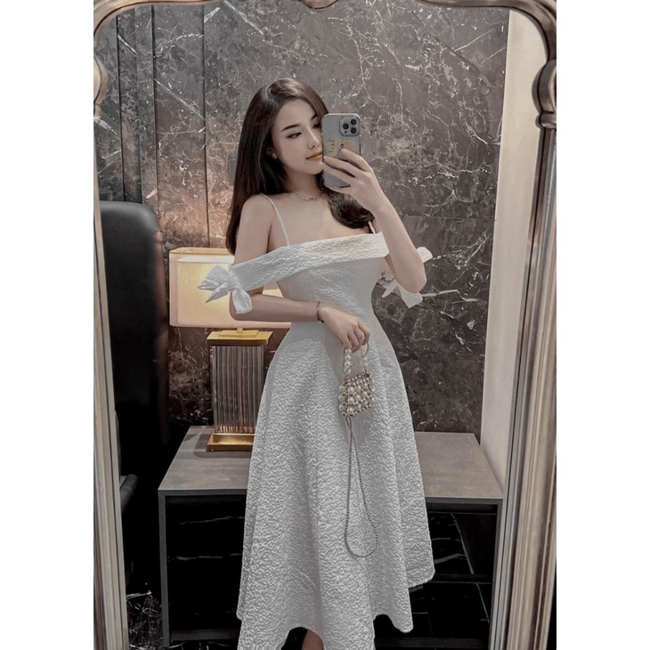 Mẫu Mới Đầm XÒe Nữ Gấm Xốp HOa nHí Có Mút Ngực Bẹt Vai Lả Lơi Dự Tiệc Siêu HOt Pu