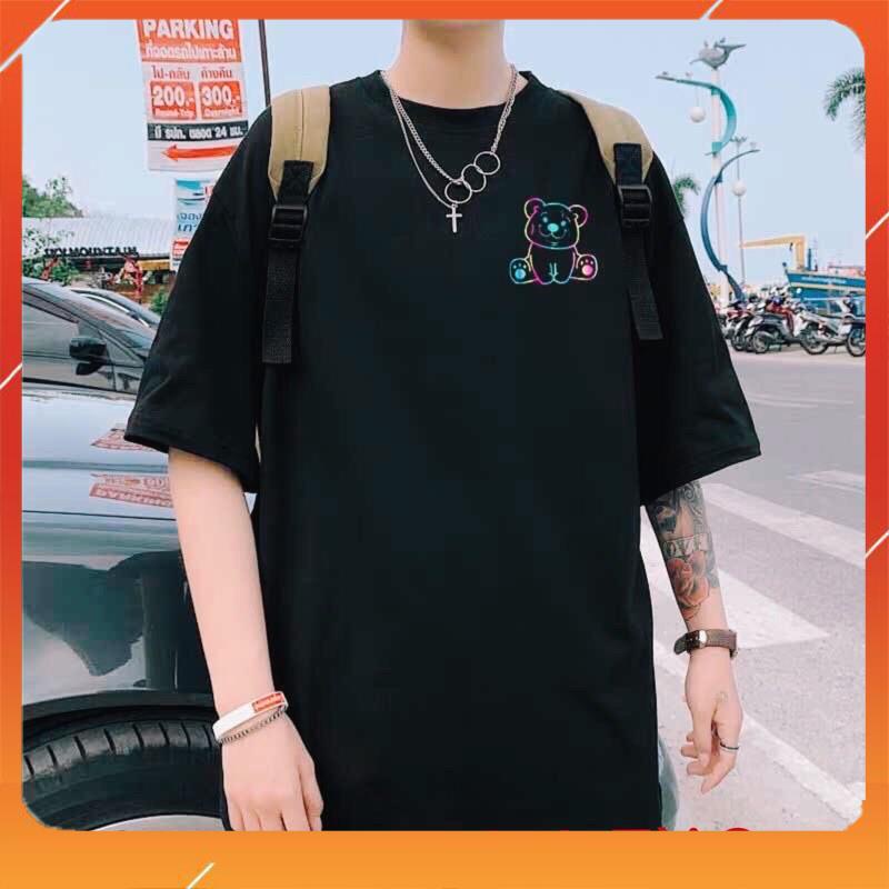 Áo thun tay lỡ phản quang phông Unisex nam nữ Cotton oversize đến 75Kg form rộng hình gấu Love &amp; Peace AP 876