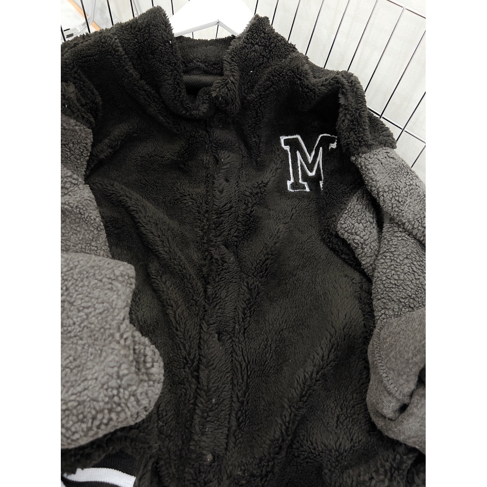 Khoác Lông Nam Nữ Cổ Bẻ Thêu Chữ M Oversize Dáng Rộng Unisex