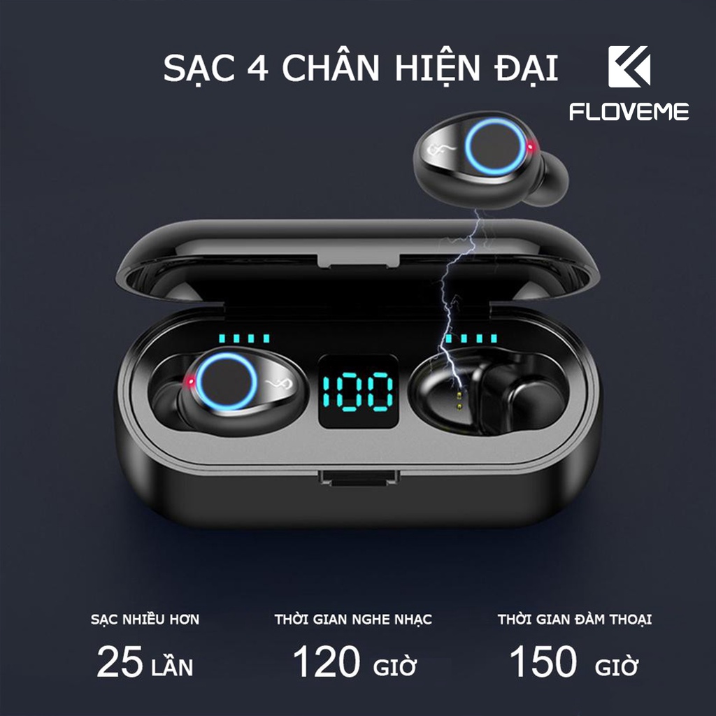 Tai Nghe Không Dây True Wireless Floveme F9s Kiêm Sạc Dự Phòng, Nút Cảm Ứng, Bluetooth 5.0, Kháng Nước IPX5