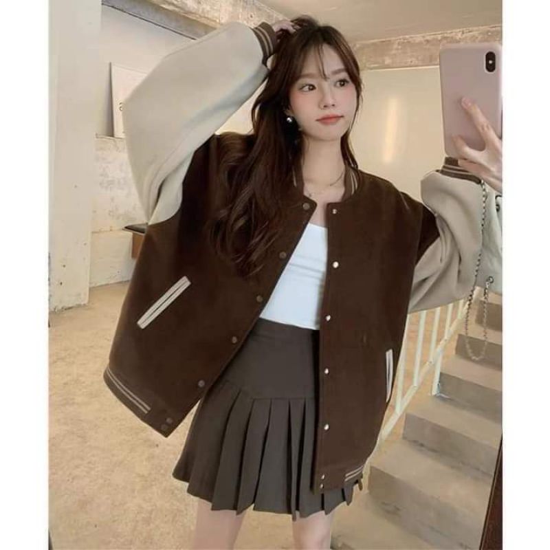 Áo Bomber Dạ Màu Nâu Nữ [FREESHIP]🌸Áo khoác chất Dạ cá kiểu dáng thể thao Uzzalang | BigBuy360 - bigbuy360.vn