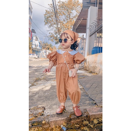 Jumsuit cổ sen phối nút vintage cho bé yêu ❤️ [ Kèm khăn đội đầu ]