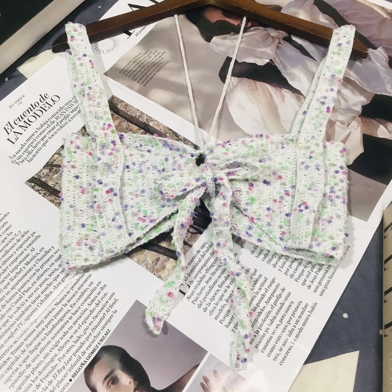 Bikini thủ công, handmade với sợi cotton mùa hè và poom nhiều sắc màu