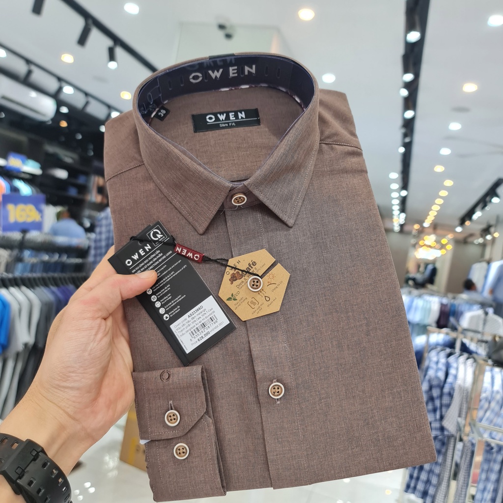 Áo Sơ Mi Nam Dài Tay Owen AS23366D Somi Công Sở Cao Cấp Màu Nâu Đậm Melange Dáng Ôm Không Túi Vải Cafe Mềm Mát Khử Mùi | BigBuy360 - bigbuy360.vn