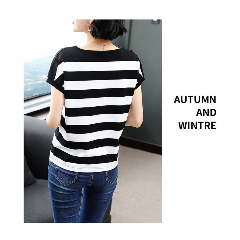Áo thun tay ngắn dáng rộng họa tiết kẻ sọc thời trang mùa hè cho phụ nữ trung niên