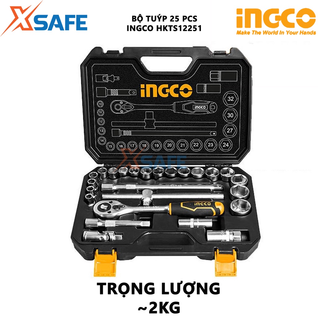 Bộ đầu tuýp 25 chi tiết INGCO HKTS12251 1/2inch chất liệu thép cr-v cao cấp, chịu nhiệt, gồm đầu tuýp, đầu vặn, khớp nối