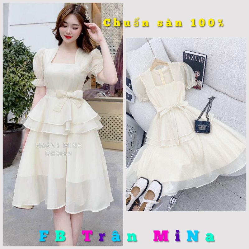 ĐẦM MIDI NUDE CỔ VUÔNG THẮT NƠ EO TẦNG✨- CHUẨN HÌNH SÀN 100%