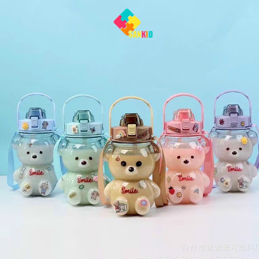 Bình nước hình gấu cho bé 1l siêu dễ thương kèm ống hút, tặng kèm ticker