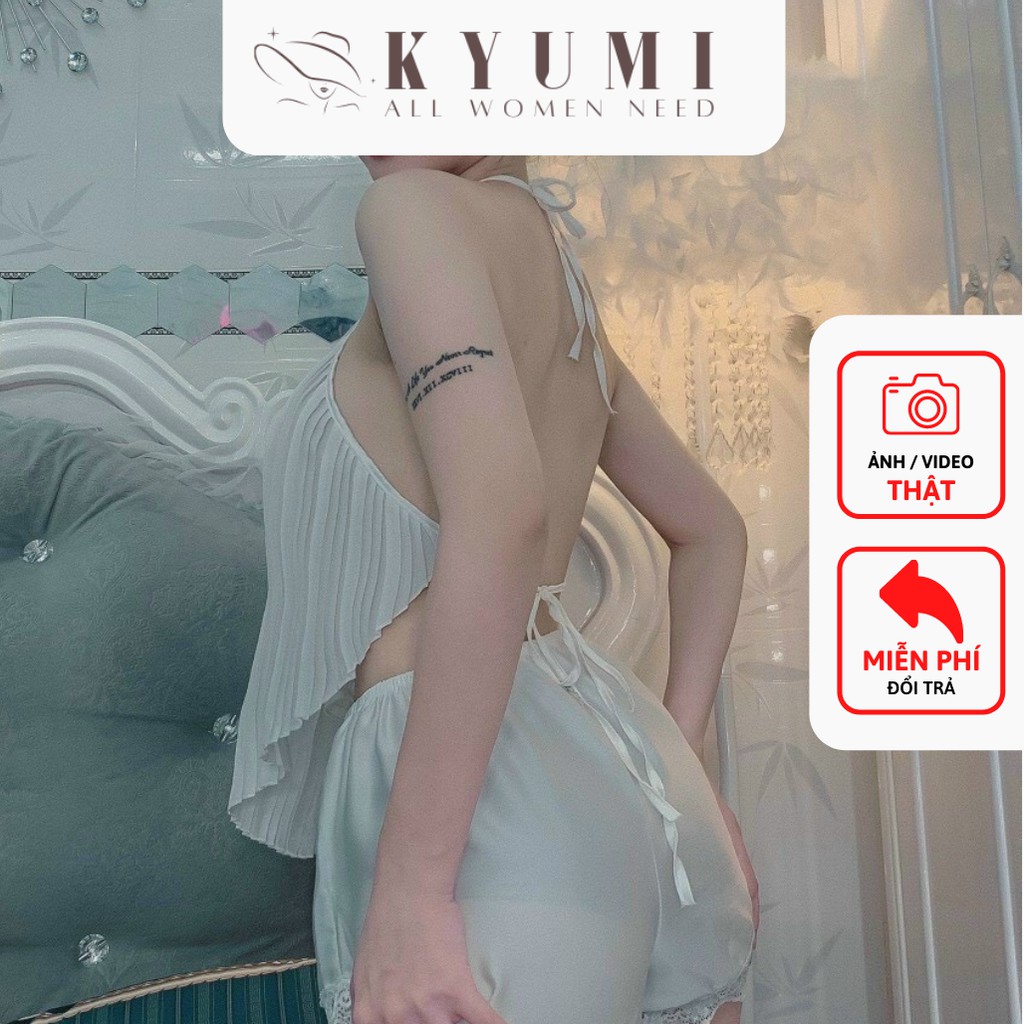 Đồ ngủ sexy yếm dập ly KYUMI Official, chất liệu lụa satin, freesize 40-65kg tùy chiều cao, kèm quần ren gợi cảm 001 | BigBuy360 - bigbuy360.vn
