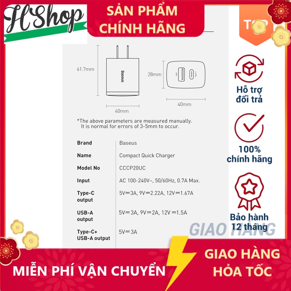 - Cốc Sạc Nhanh  compact  QC 3.0  2 Cổng USB + Type C Kép 20W PD 3.0 Cho táo táophone - [HSHOP]