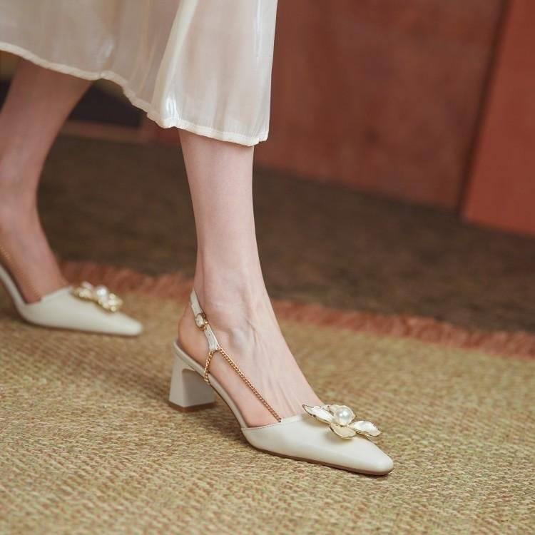 Sandal cao gót trang trí ngọc trai giả phong cách Pháp trẻ trung cho nữ