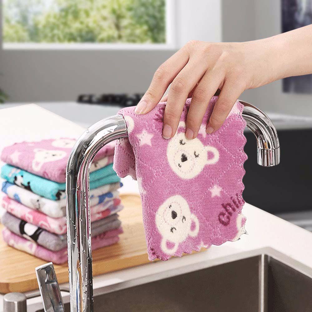 Bộ 5 Khăn Lau Chén Dĩa Vải Lông Cừu San Hô Siêu Thấm Hút Chống Dầu Mỡ