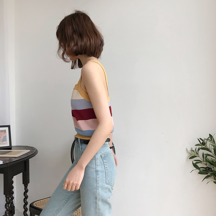 SUXI Áo 2 dây ngắn họa tiết sọc màu đơn giản thời trang Hàn Quốc cho nữ