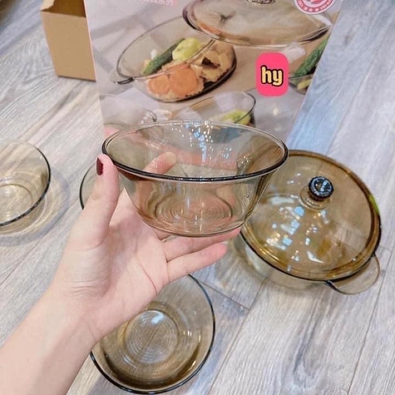 Bộ bát thủy tinh 5 món kèm nồi cực chất CHUNMING, Set 5 món thuỷ tinh cao cấp trộn salad, sữa chua hoa quả cực đẹp