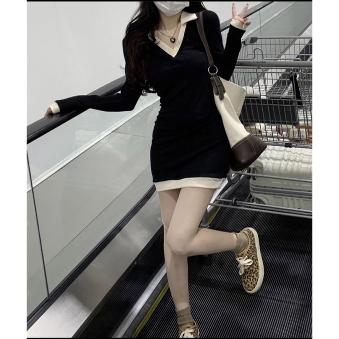 Đầm nữ đầm đen ôm body tay dài cổ sơ mi đi chơi đi dạo chuẩn mẫu ảnh kèm sàn