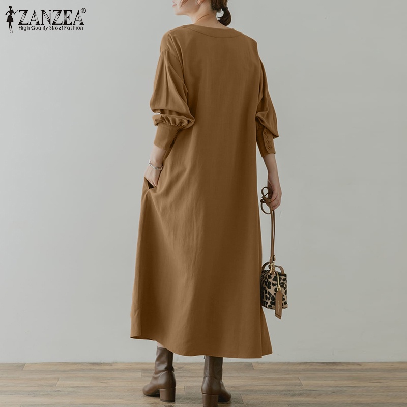 Đầm maxi ZANZEA tay dài cổ chữ V dáng rộng màu trơn thời trang Hàn Quốc